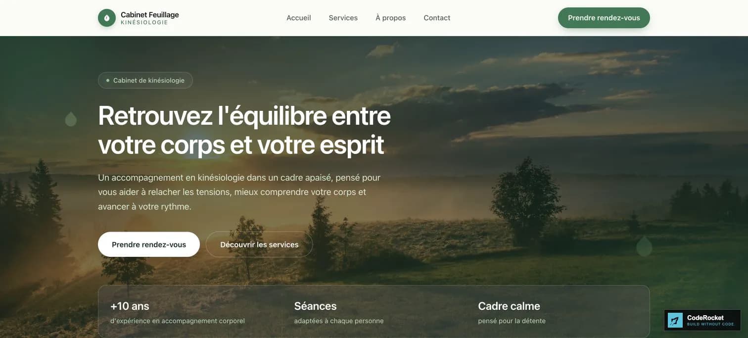 A real four-page wellness website generated by CodeRocket from a plain-language description